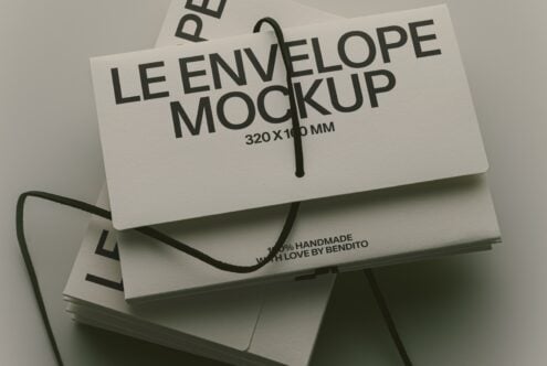 Stacked cream envelopes with black rope handles showing "Le Envelope Mockup" text overlay
