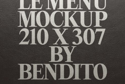 Serif text embossed on dark textured surface, 210x307 dimensions with bendito branding