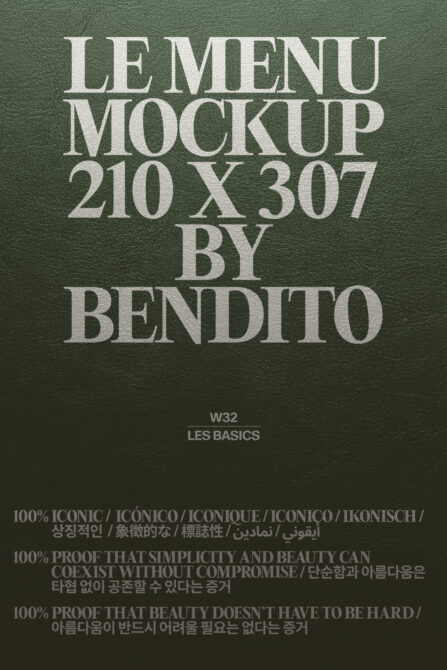 Le Menu mockup 210x307 by Bendito on sage green textured background with multilingual typography