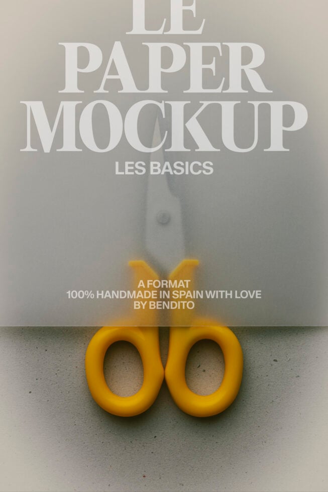 Le Paper Mockup styled shot with bright yellow scissors on concrete background
