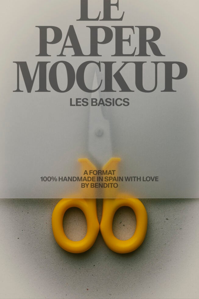 Minimalist poster mockup with bold serif typography, yellow rubber rings on concrete, handmade vibe