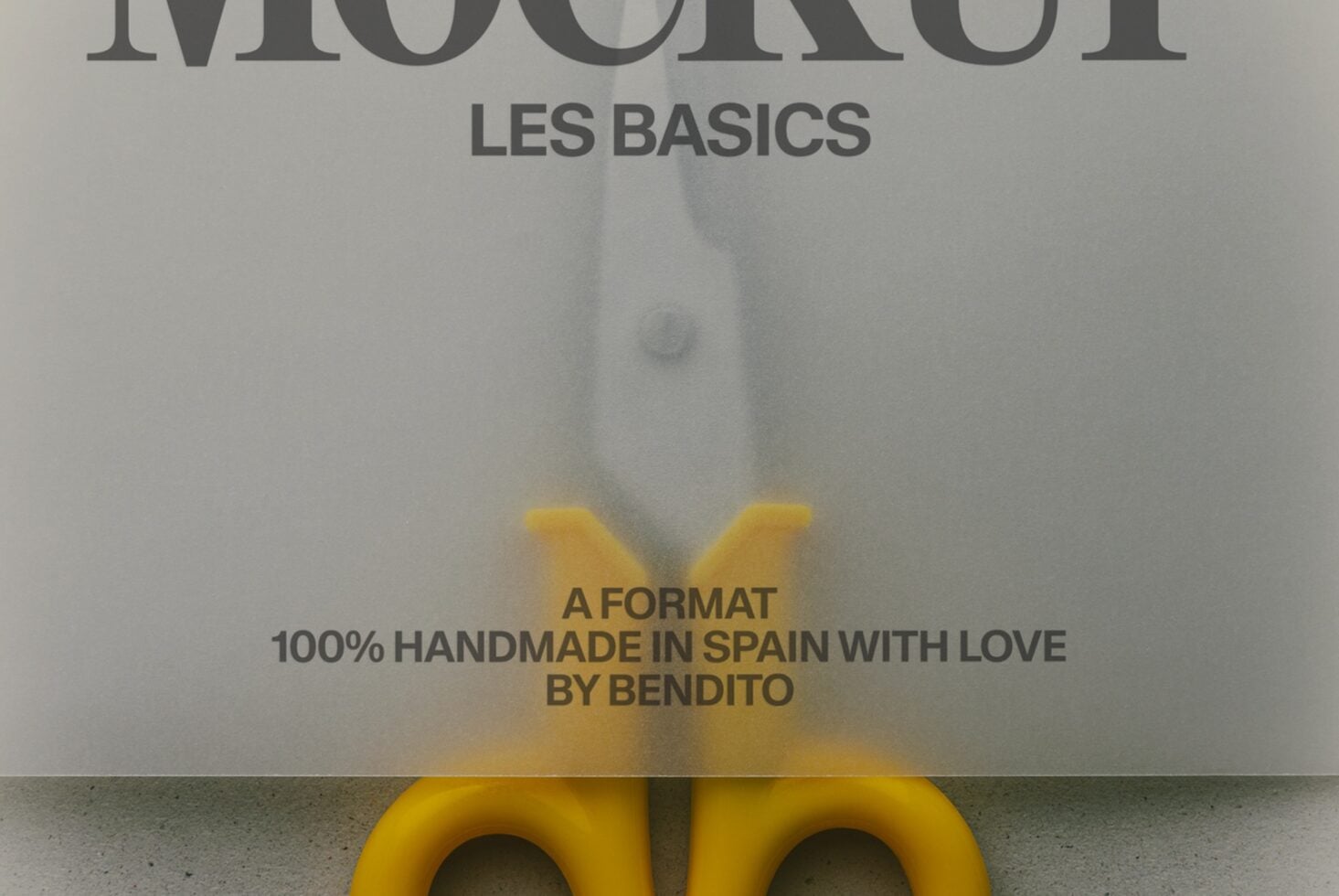 Bright yellow bag mockup leaning against concrete wall with Les Basics branding text overlay