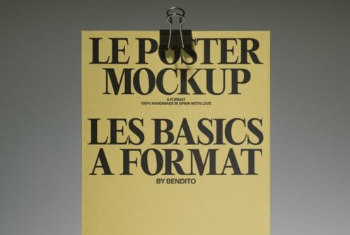 Cream poster mockup with black serif typography, clothespin at top, artisan product branding layout