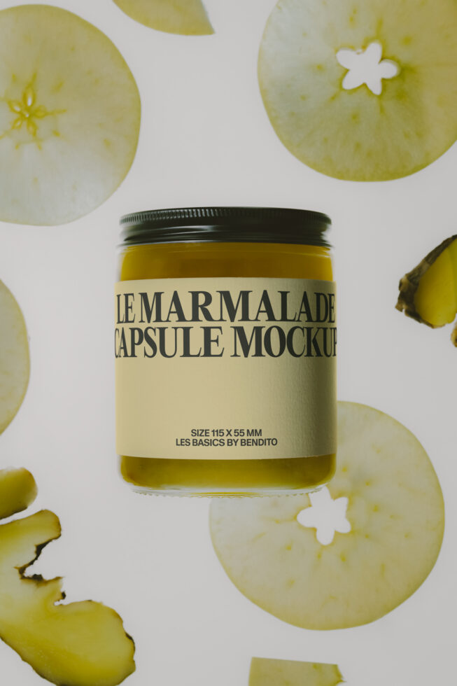 Lemon marmalade jar mockup surrounded by fresh lemon slices on white background
