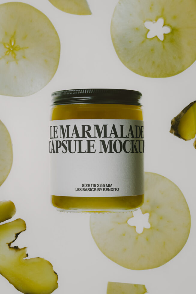 Lemon marmalade jar mockup surrounded by fresh lemon slices on white background