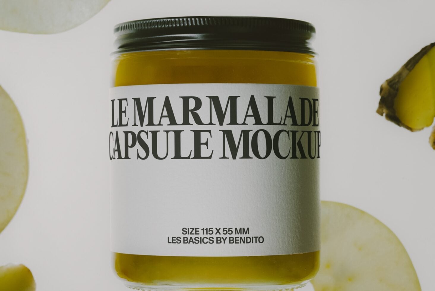 Marmalade jar mockup with green metal lid, white label, yellow product visible inside, lemon slices scattered around