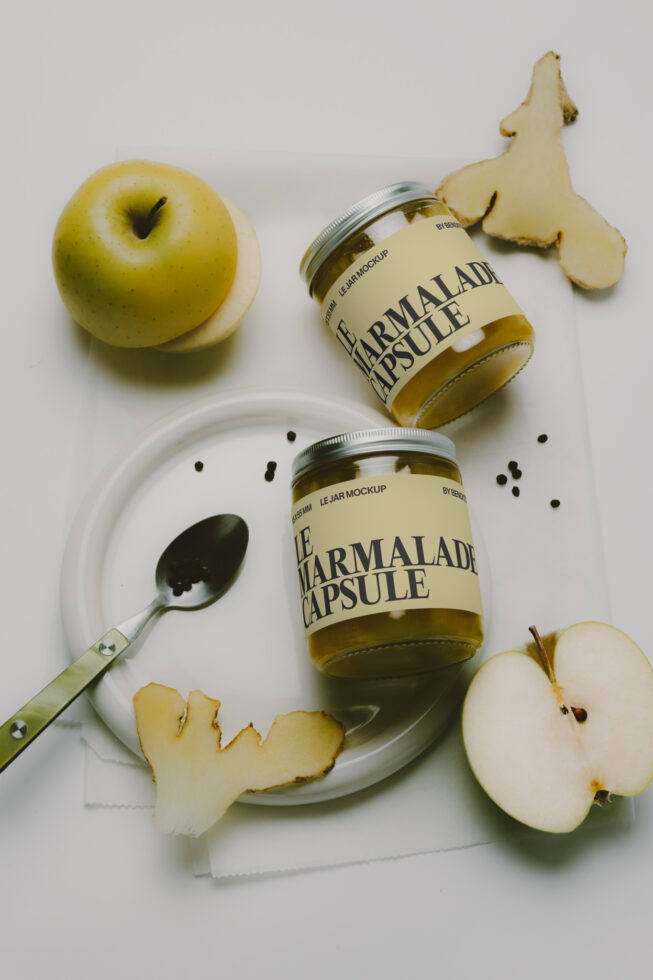 Jam jar mockup styled with fresh apples, ginger slices on a minimal white plate