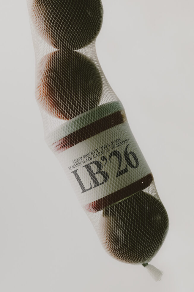 Wine bottle in protective mesh wrap with label showing through, shot vertically against light background