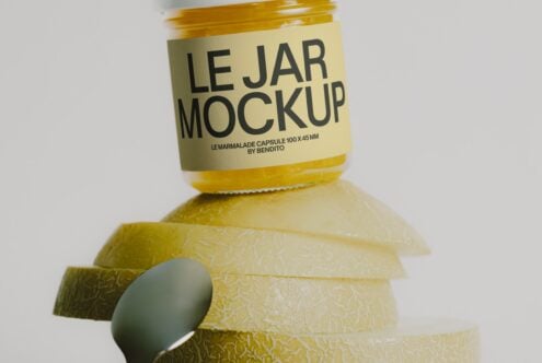 Le Jar marmalade mockup with gold foil lid, textured jar, spoon leaning against it