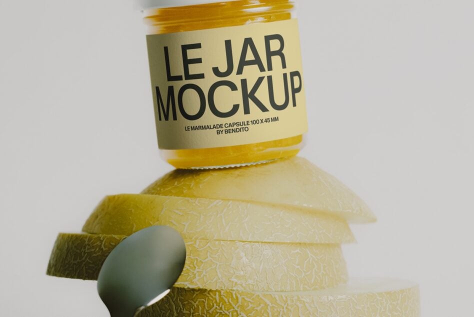 Le Jar marmalade mockup with gold foil lid, textured jar, spoon leaning against it