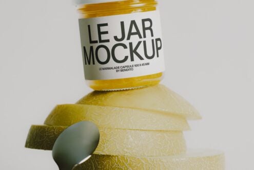 Jam jar mockup with gold foil cap, label showing marmalade capsule specs, sliced product visible below