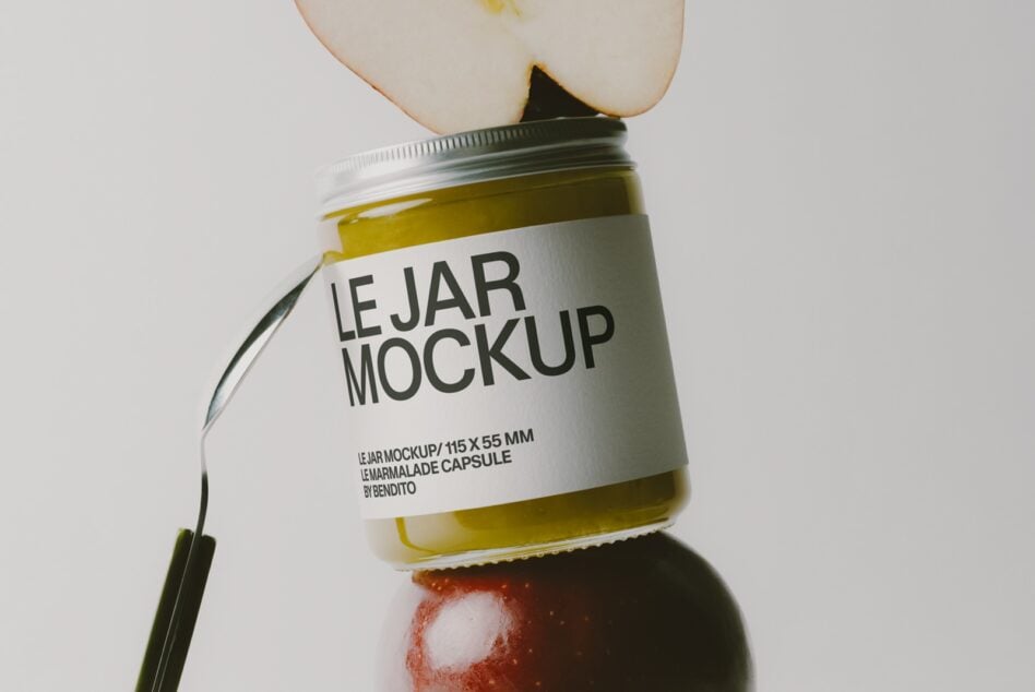 Glass jar with white label showing "LE JAR MOCKUP" surrounded by fresh fruit ingredients