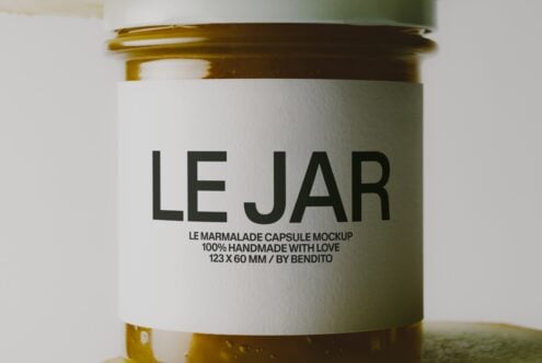 Glass jar mockup with cream label showing LE JAR branding for marmalade product