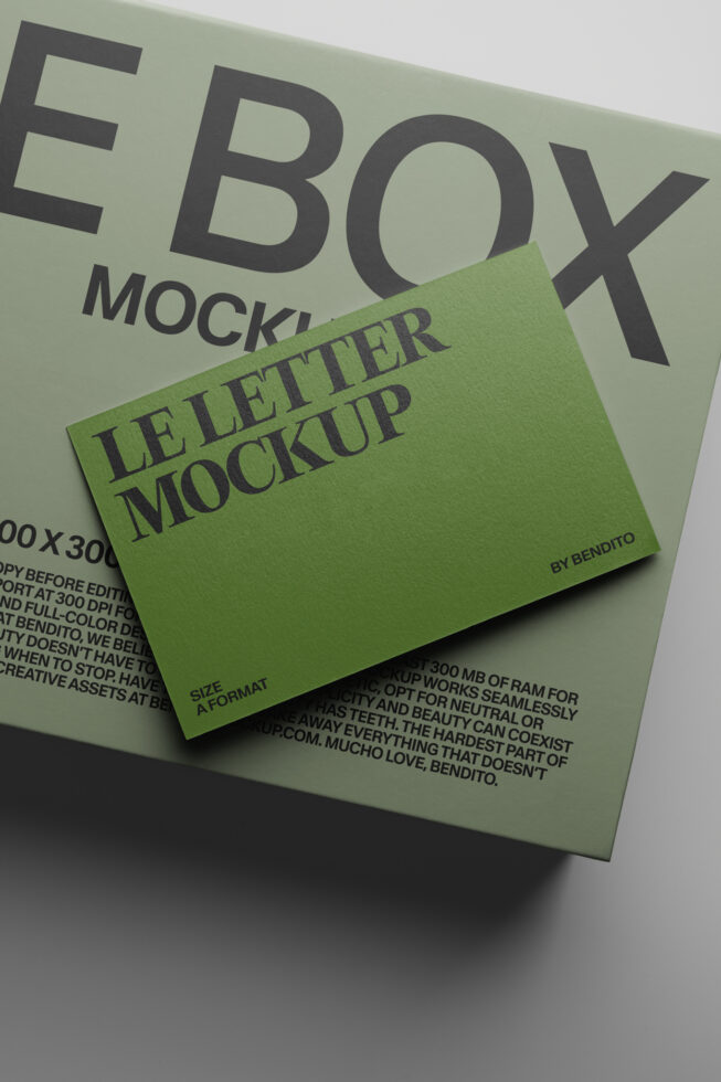 Bright green letterhead mockup laying on sage background with bold typography overhead