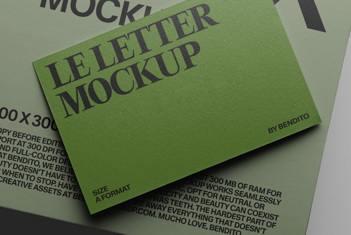 Bright lime green letterfold mockup with dark gray serif typography on neutral background with spec sheet