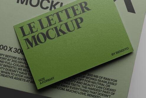 Bright lime green letterfold mockup with dark gray serif typography on neutral background with spec sheet