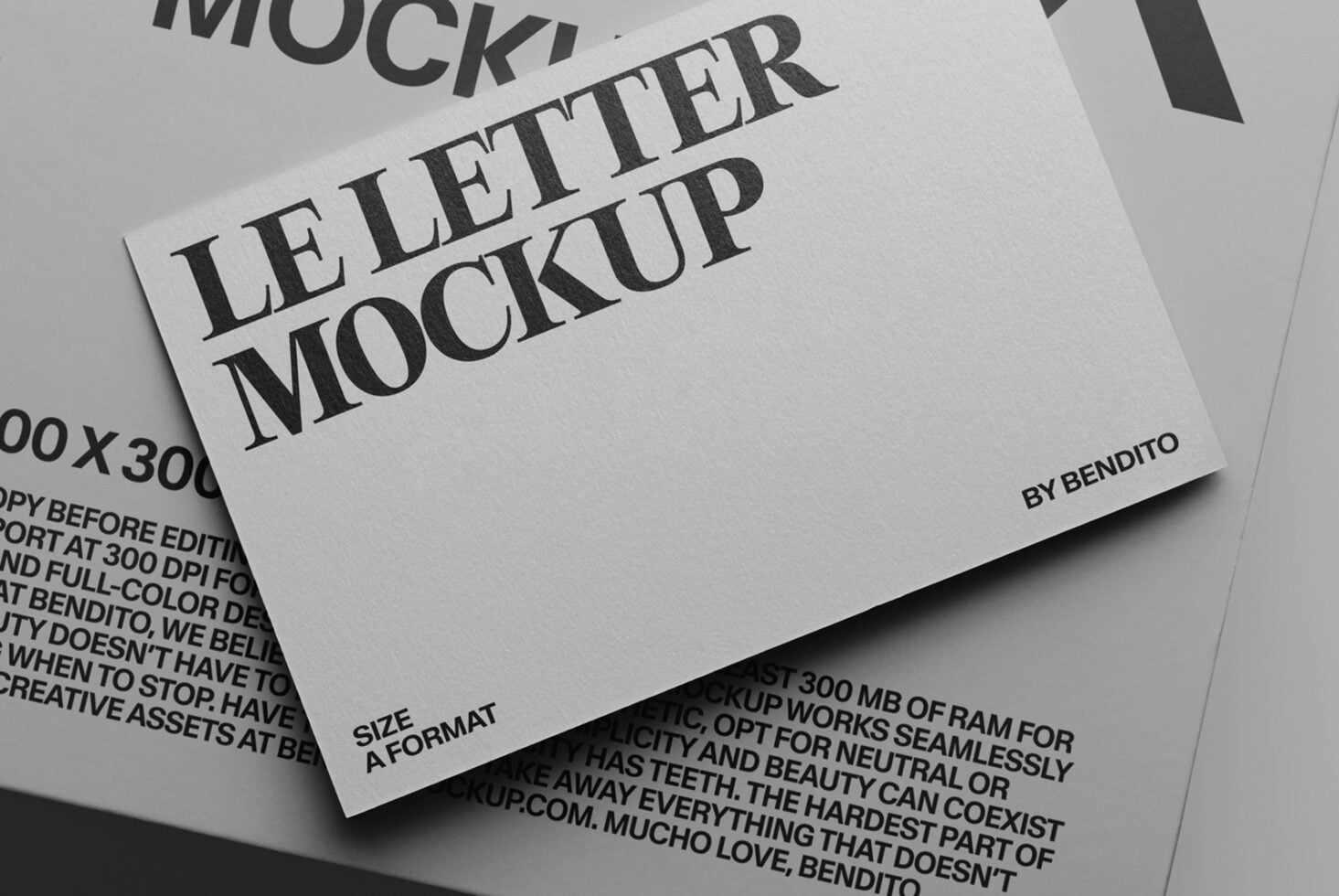 Stacked letterhead mockup with serif typography on white paper, angled view