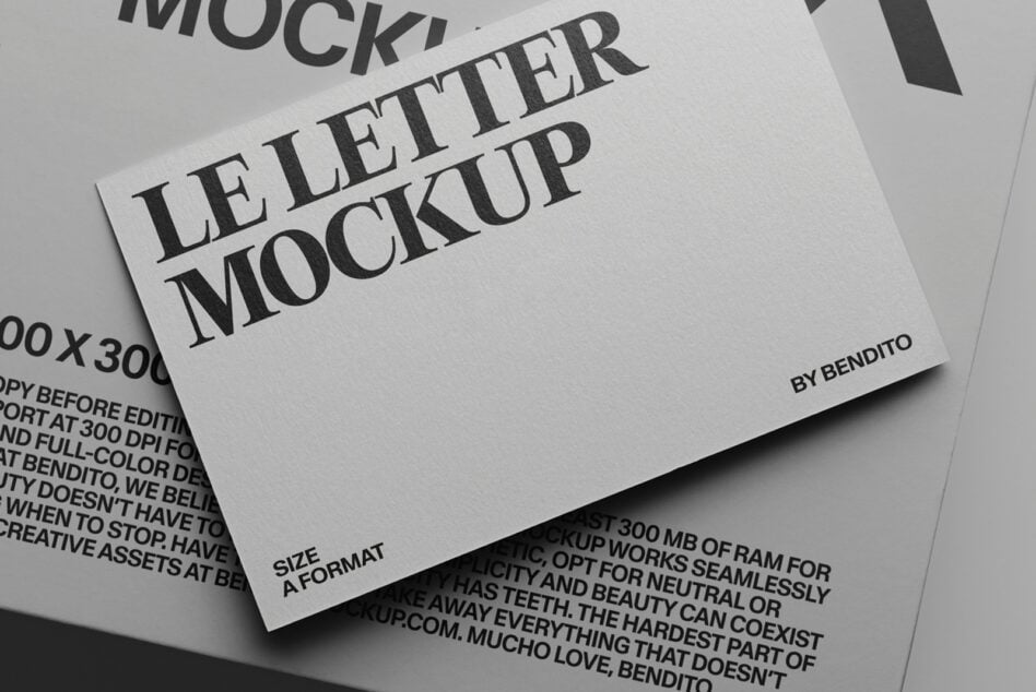 Stacked letterhead mockup with serif typography on white paper, angled view