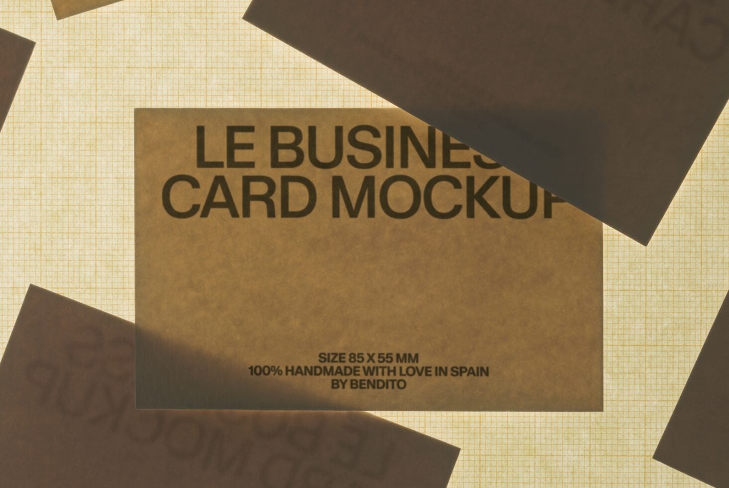 Le Business Card Mockup with brown cards scattered on textured cream background