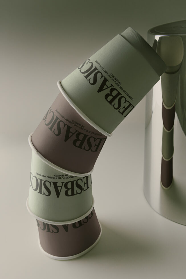 Stacked cosmetic jars mockup in sage, taupe, cream with ceramic vessel styling