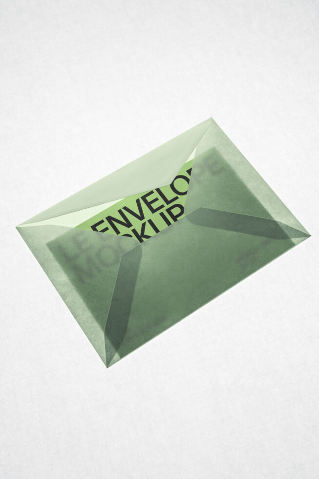 Sage green envelope mockup with black text overlay on light background, angled view