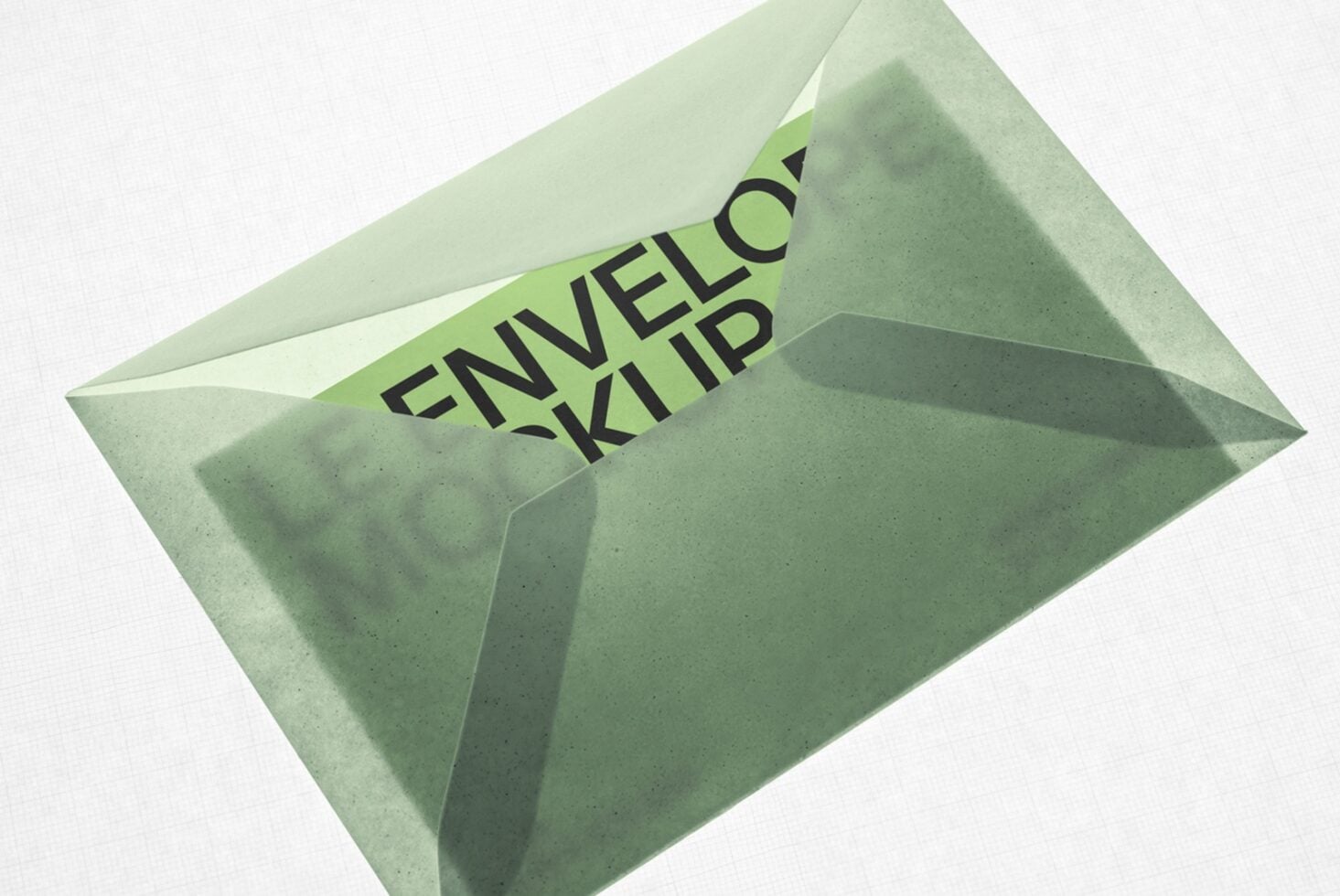 Sage green envelope mockup with bold black text showing branding on angled presentation view