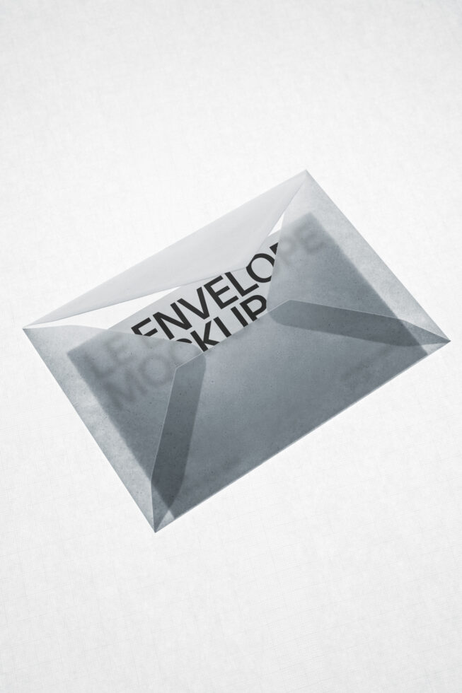 Opened envelope mockup with text overlay on white textured background, angled view
