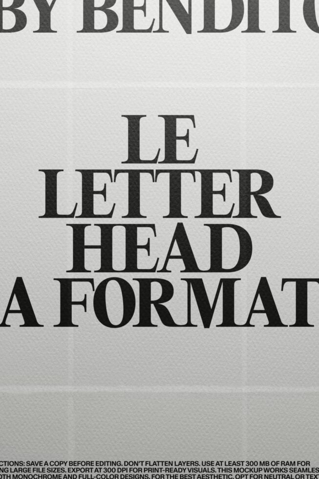 Serif font sample showing "LE LETTERHEAD FORMAT" stacked text on textured paper background