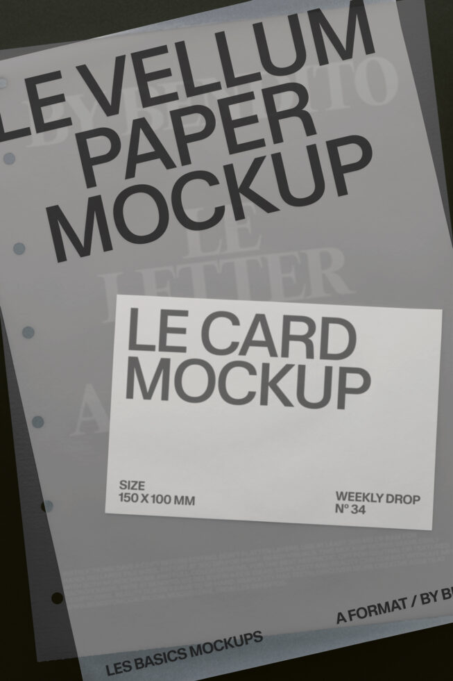 Vellum paper mockup with le card template showing 150 x 100 mm sizing on spiral binding