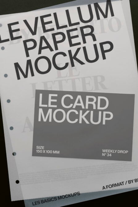 Letterpress paper mockup with bound pages showing le card layout at 150x100mm