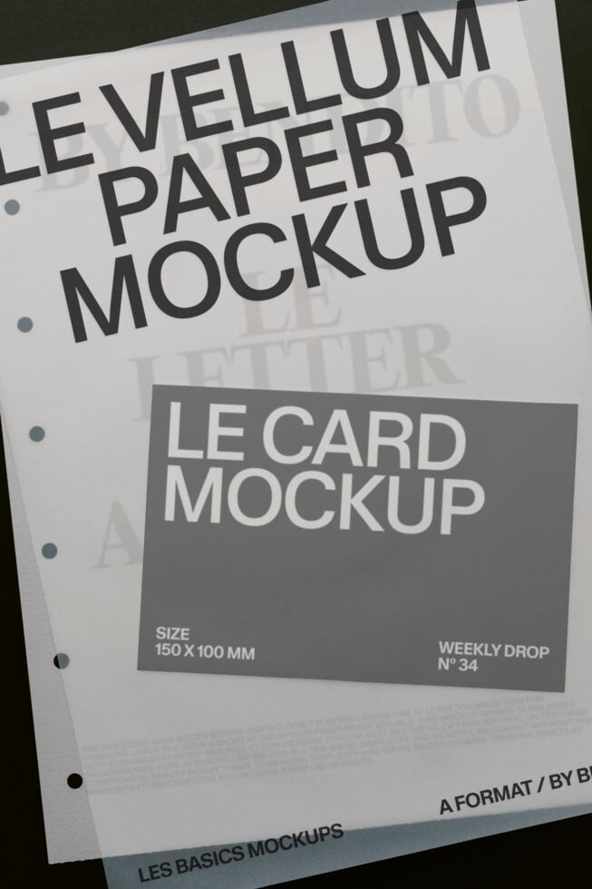Letterpress paper mockup with bound pages showing le card layout at 150x100mm
