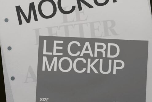 Le card mockup showing layered paper with binding holes, neutral tones