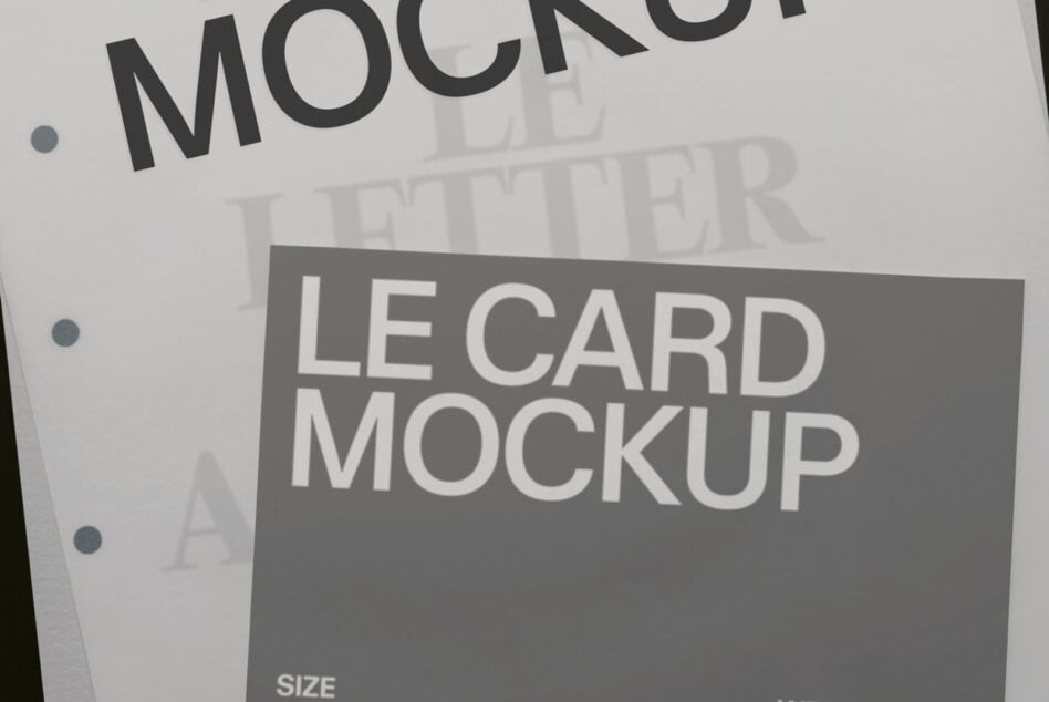 Le card mockup showing layered paper with binding holes, neutral tones