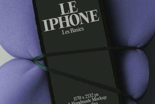 Black book cover mockup with purple spheres, elegant serif typography for Le iPhone Les Basics
