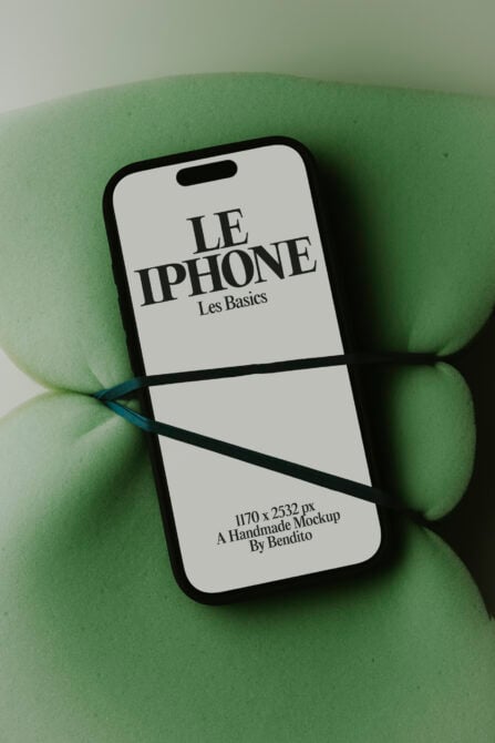 iPhone 14 Pro mockup with "Le iPhone Les Basics" text on sage green background with leaves