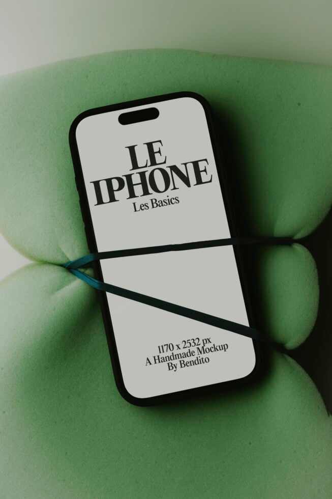 iPhone 14 Pro mockup with "Le iPhone Les Basics" text on sage green background with leaves