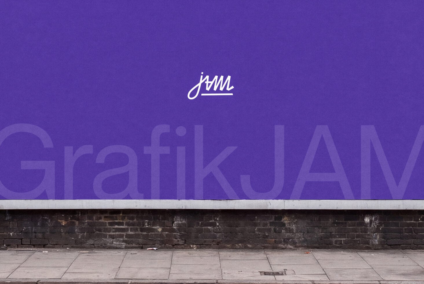 Bright purple wall with white script logo at top, large faded text below, dark brick base, concrete ground in foreground