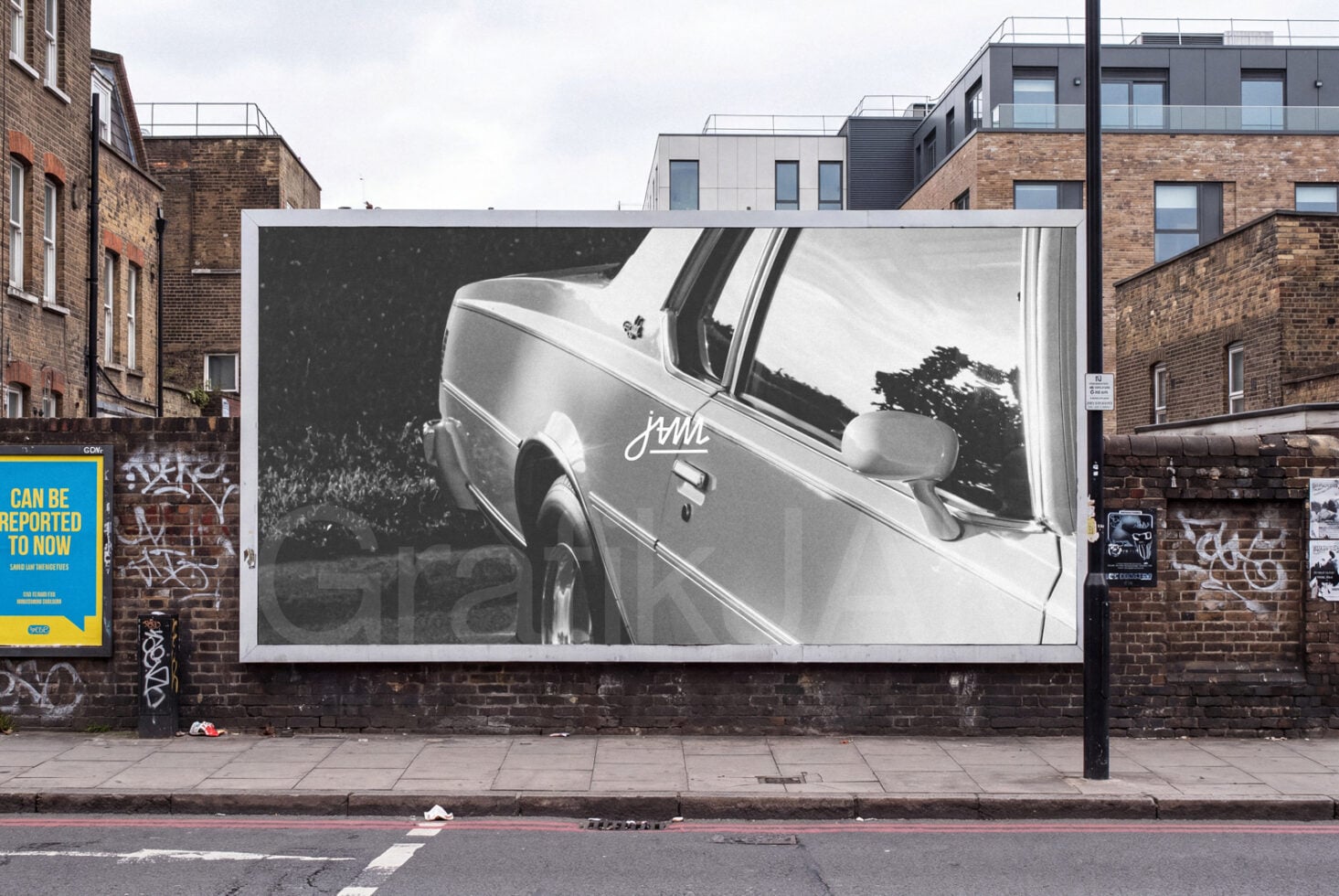 Vintage car billboard mockup on brick urban street with surrounding buildings