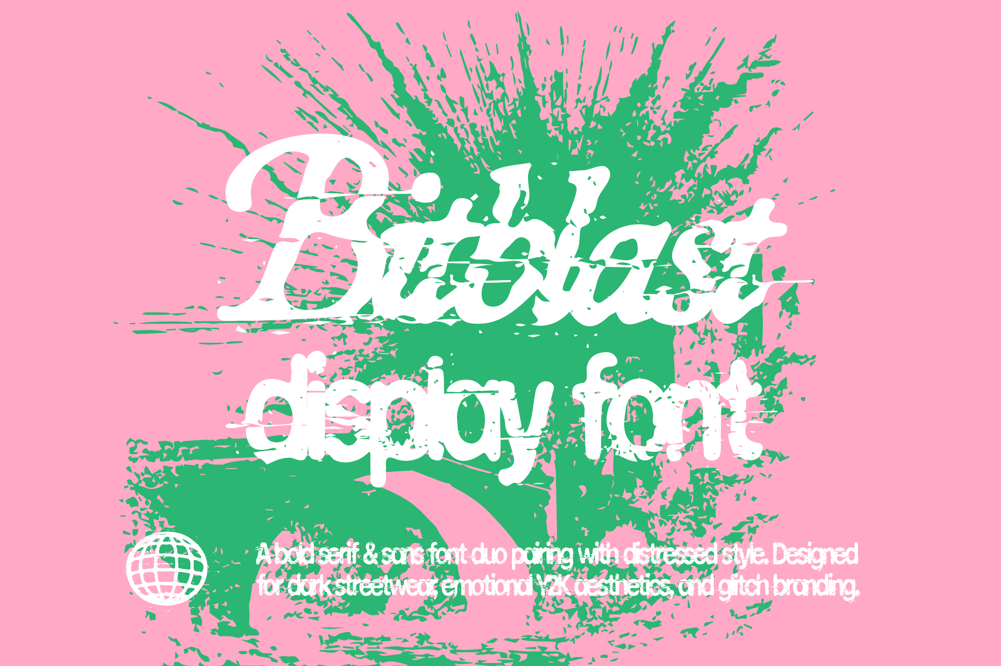 Distressed paint splatter graphic with bold white lettering on hot pink, green grunge texture throughout