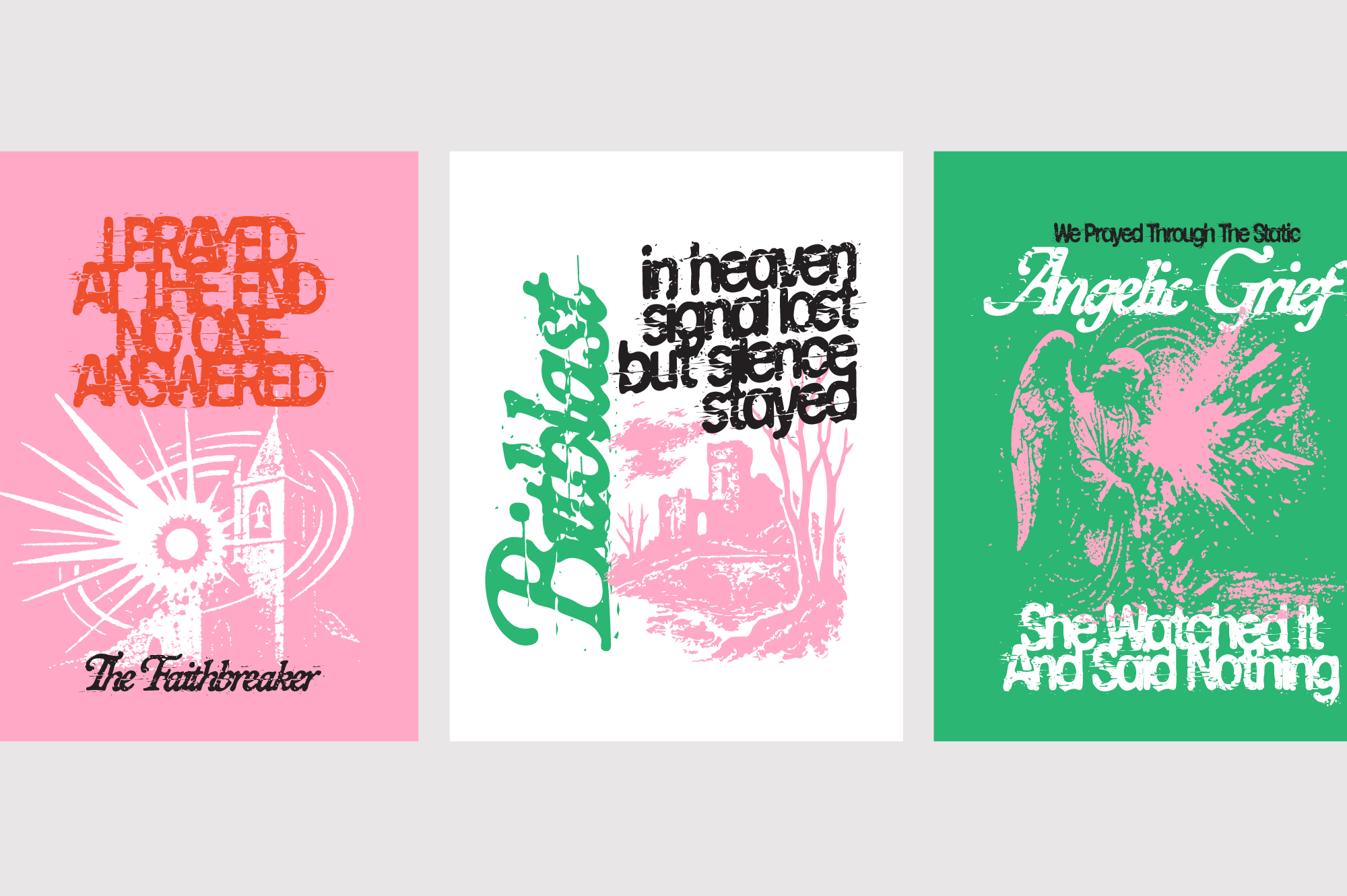 Three bold poster mockups with distressed typography, pink green color blocking, grunge textures