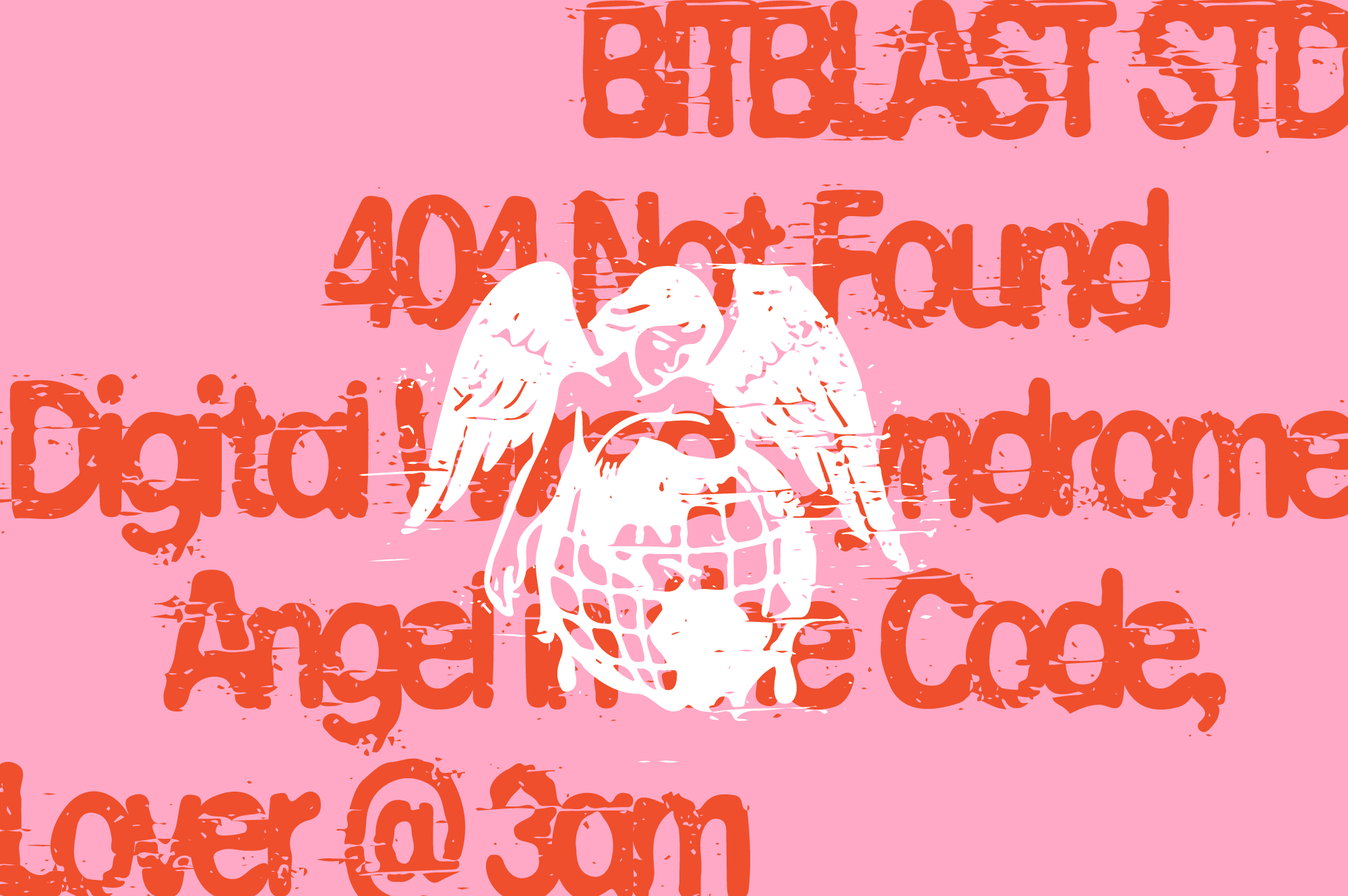 Distressed orange text with white winged globe on pink background, error page aesthetic