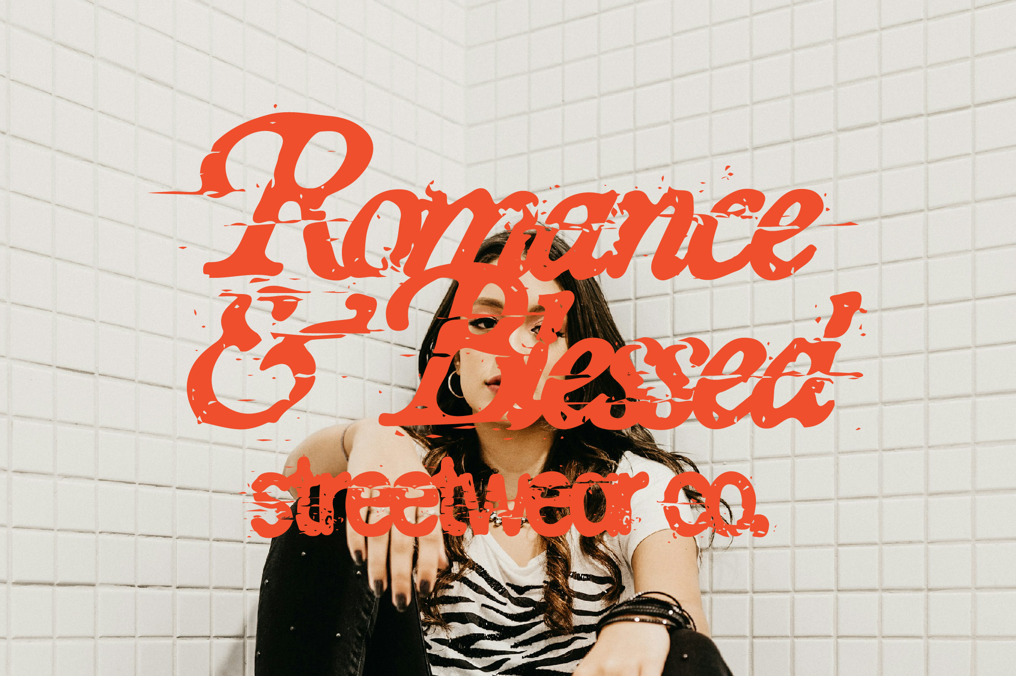 Woman in striped top with distorted red text overlay against white subway tile wall