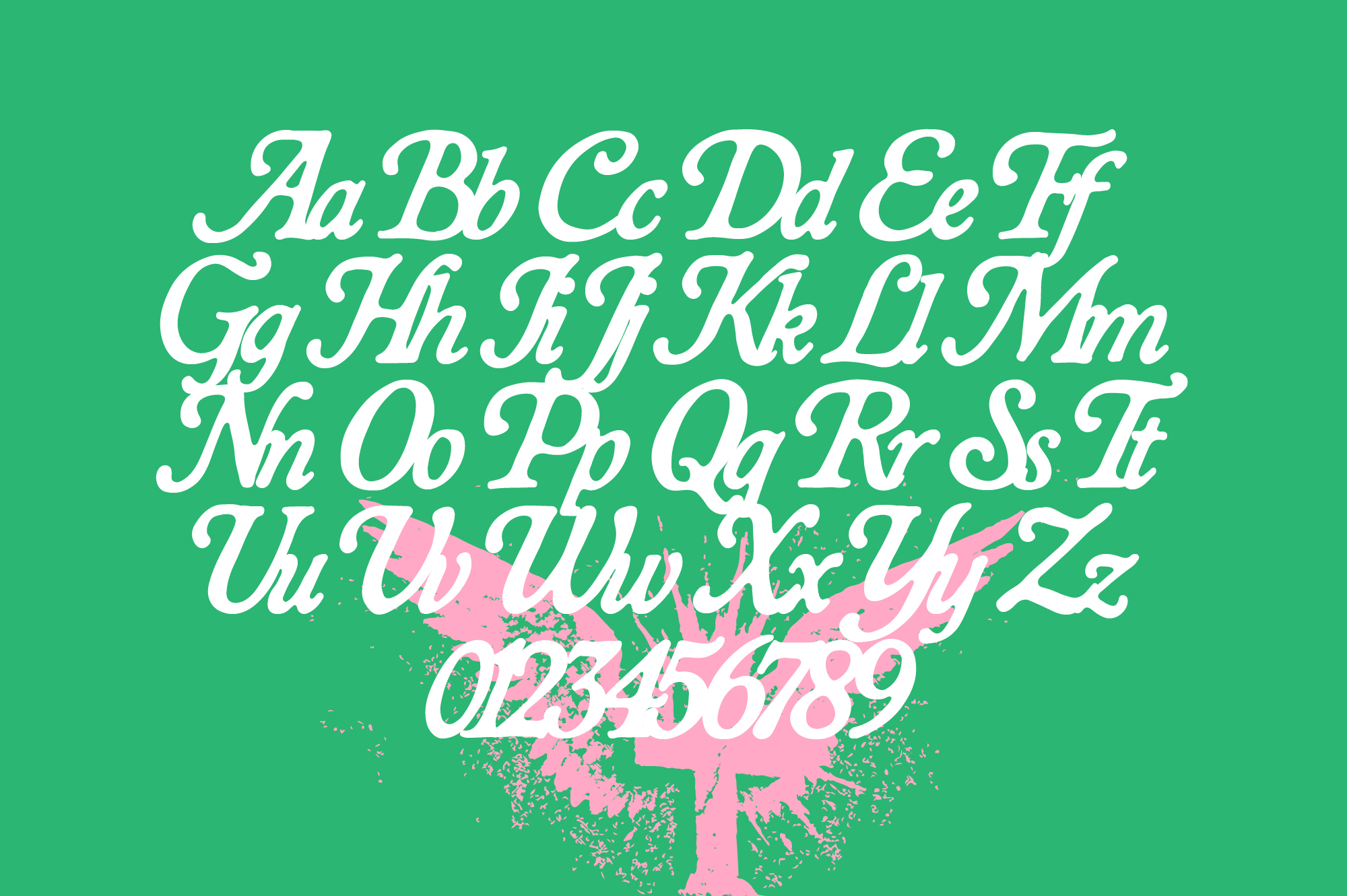 Elegant italic script font with full character set on vibrant green background with pink splatter accents