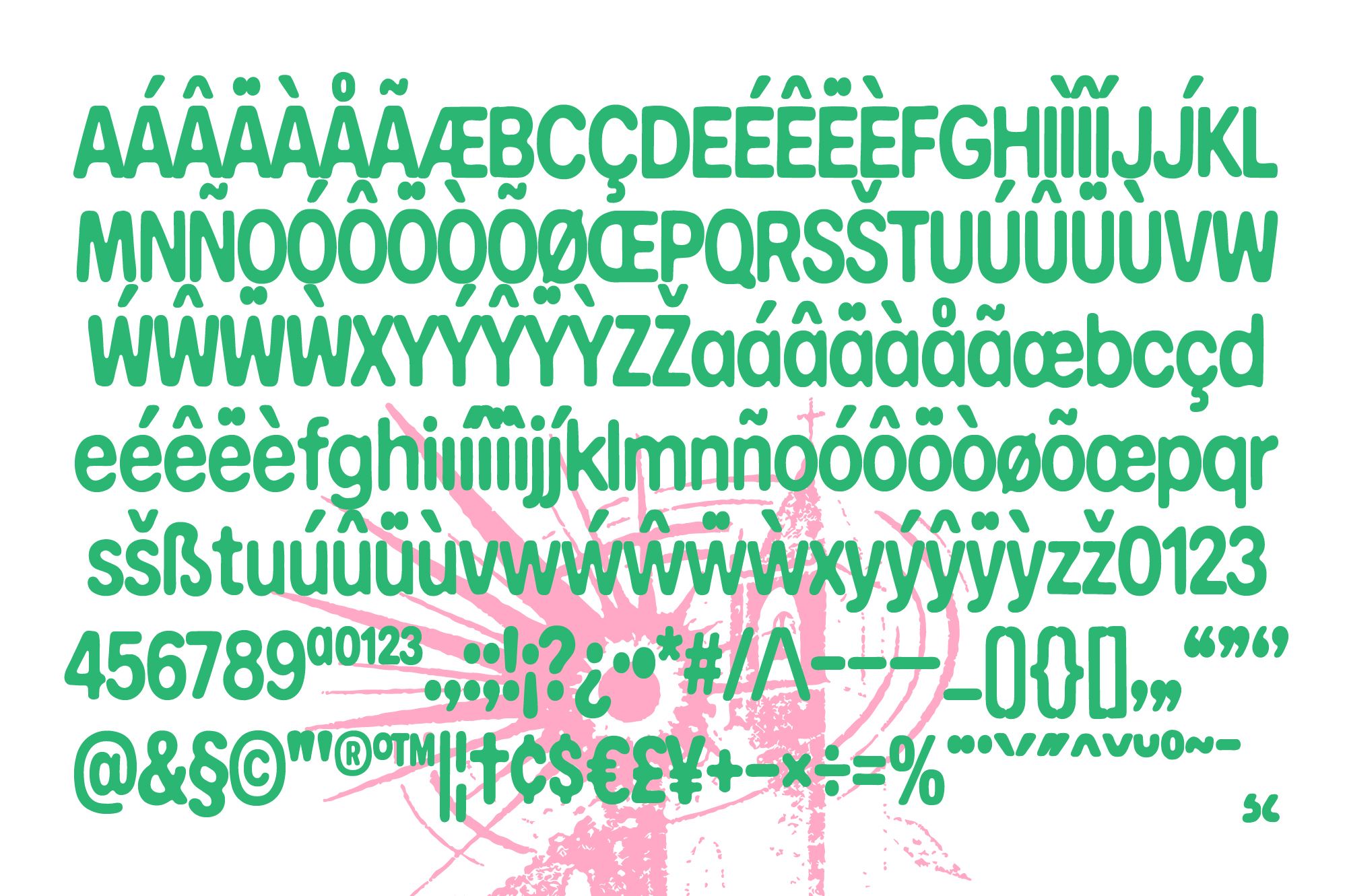 Bold green sans serif font with full character set, accents, numbers, symbols, plus pink splatter design overlay