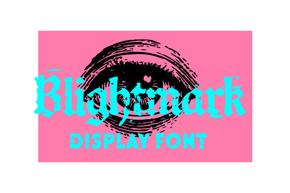 Cyan glitch typeface overlaying eye illustration on hot pink background