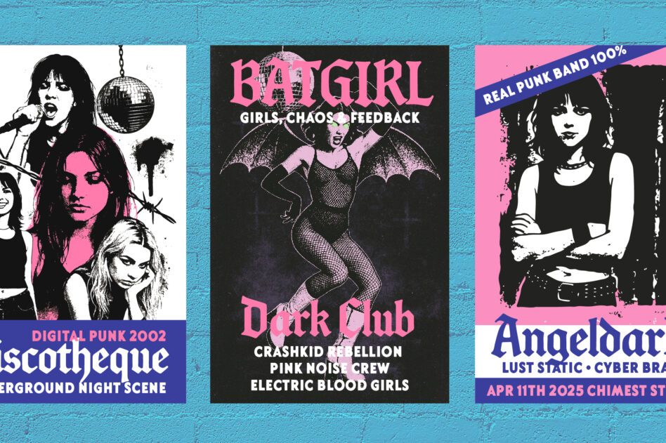 Retro punk rock posters with hot pink text, black white photography, disco balls, bat wings on turquoise brick wall