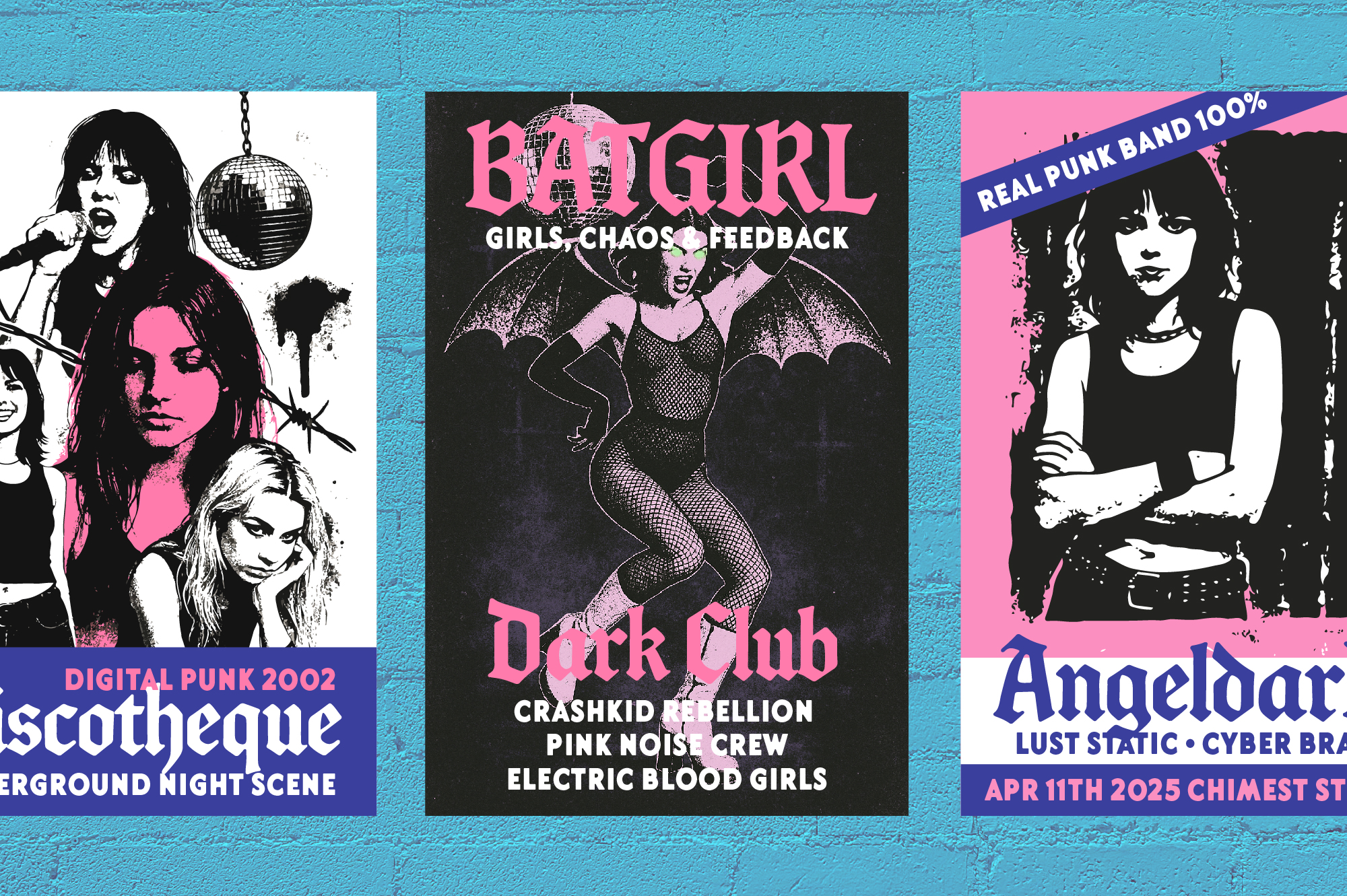Retro punk rock posters with hot pink text, black white photography, disco balls, bat wings on turquoise brick wall