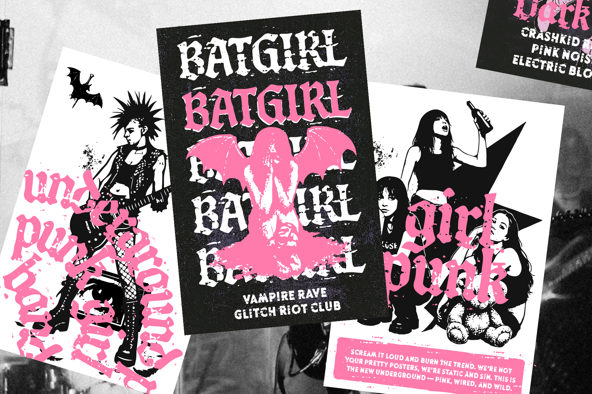 Batgirl poster collection with hot pink graffiti text, punk rock characters, vampire rave vibes