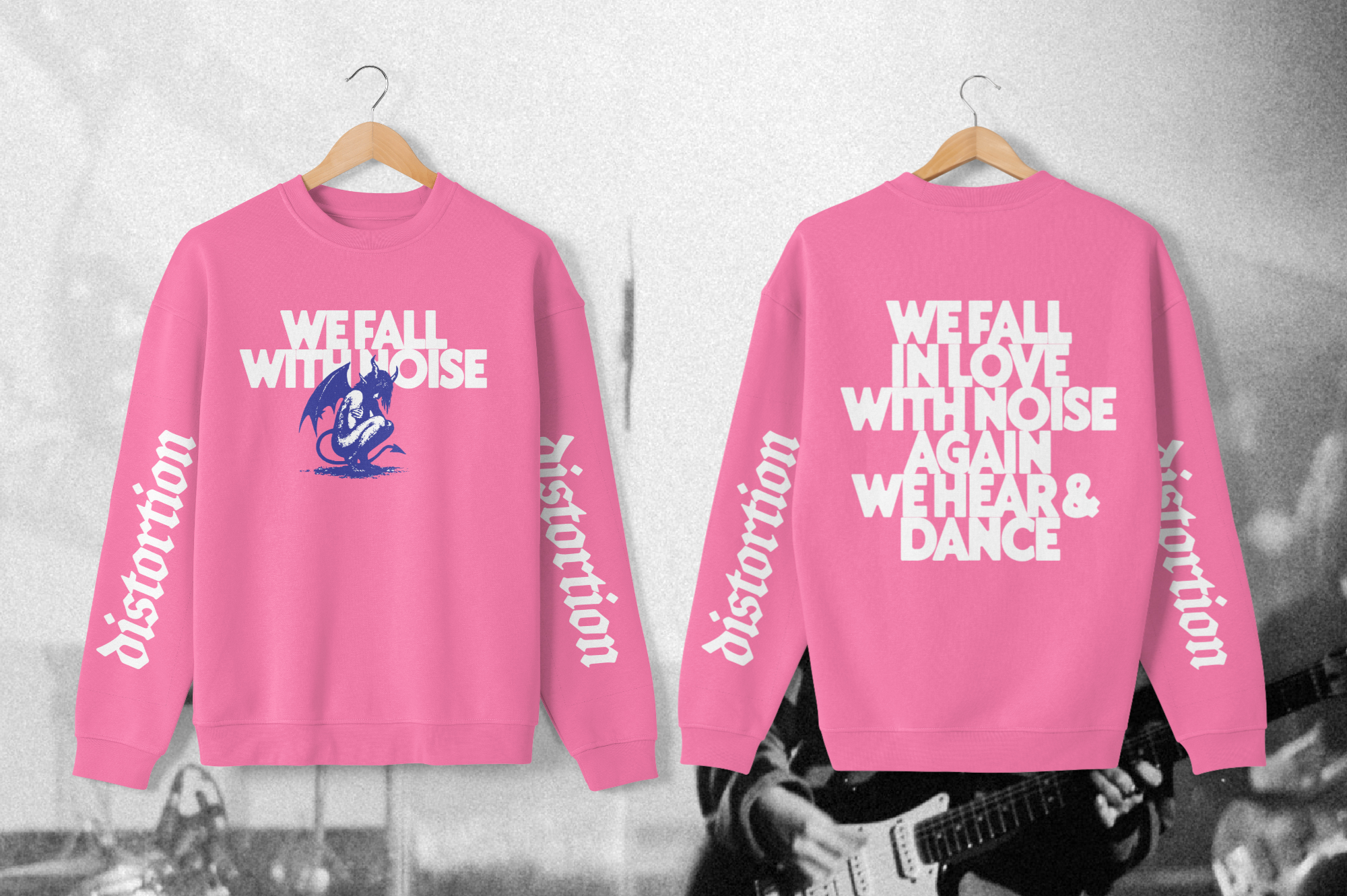 Bright pink sweatshirt mockup front back showing edgy typography with dragon graphic
