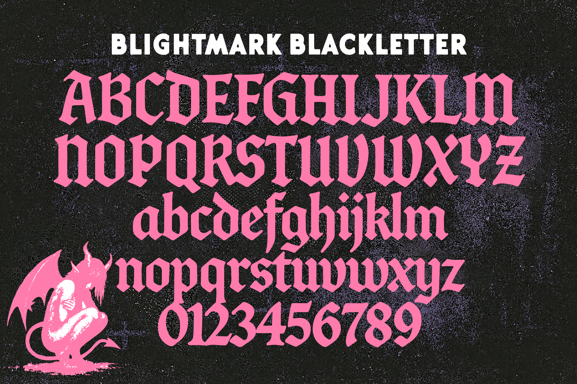 Blightmark Blackletter font in hot pink with demon character on starry background